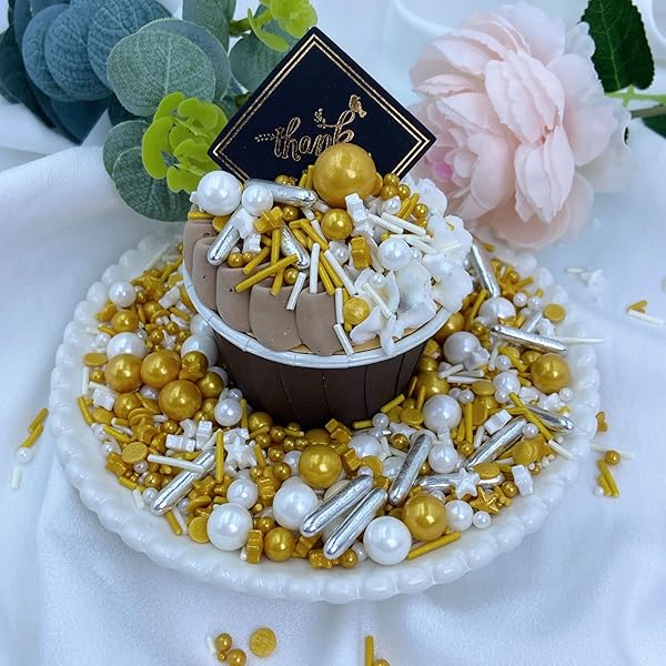 WHITE DELUXE GOLD SPRINKLES FOR CAKE DECORATING 4 OUNCE – SUGAR MIX PEARL SPRINKLES FOR CUPCAKE TOPPERS, ICE CREAM, CANDY, COOKIE DECORATIONS – HOLIDAY PARTY SUPPLIES