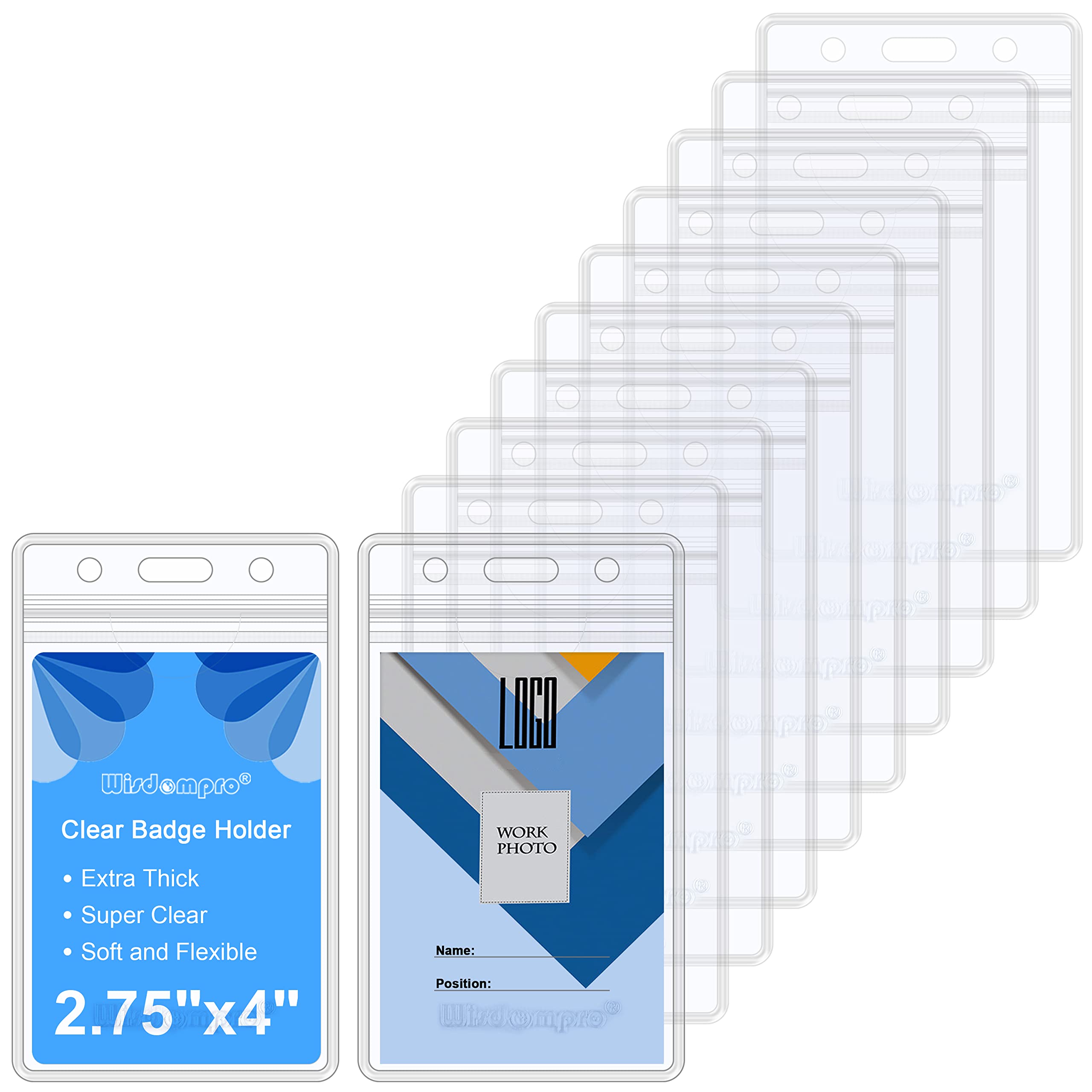 Wisdompro 20 Pack ID Card Holder, Double-Sided 2 Card Slot Waterproof Flexible and Soft Clear PVC Badge Holder Plastic Wallets with Resealable Zip for Lanyard Office School Cruise- Vertical