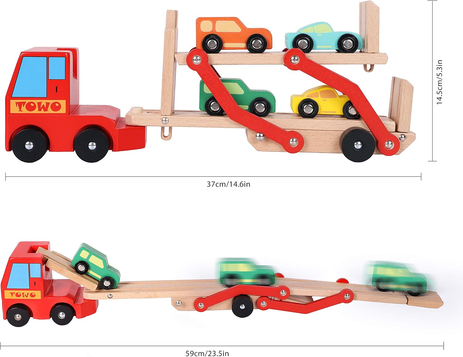 TOWO Wooden Car Transporter Toy Double Decker Trailer with 4 Cars ramp racer - Image 4