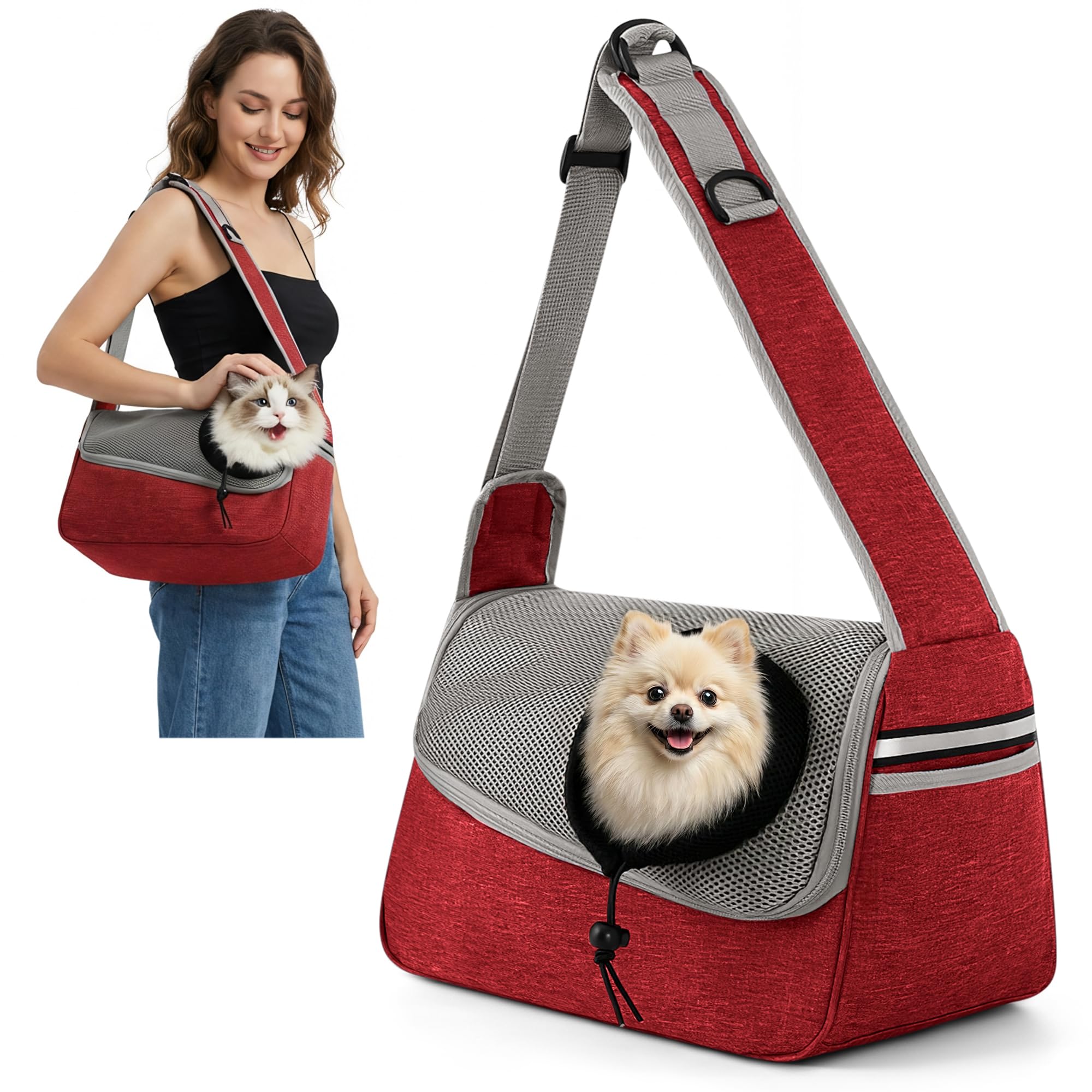 ALLSOPETS Dog Sling Carrier for Small Dogs Cats – Breathable Puppy Sling, Adjustable Shoulder Strap with Side Pocket, Travel Cat Carrier for Outdoor Camping (Wine Red)