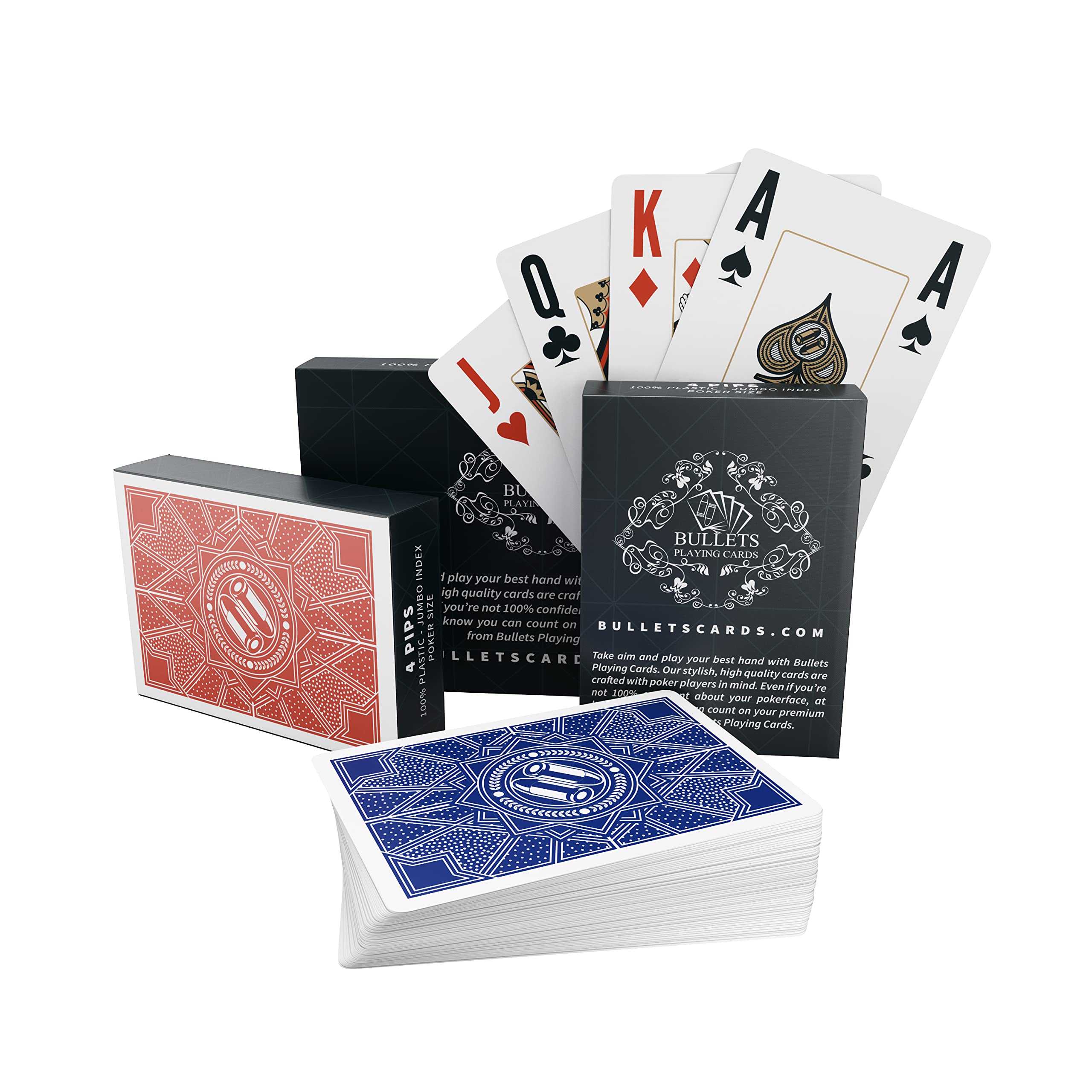 Bullets Playing Cards, 2 x waterproof Paulie design plastic poker cards, deluxe card game with jumbo index for Texas Holdem poker (4 pips) — image 1