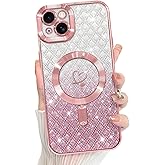 Bonoma Compatible with iPhone 15 Case Support for MagSafe, Plating Heart Glitter Magnetic Checkered Case TPU Camera Protection Back Cover for Girls Women -Pink