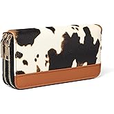 KAROMUS Cow Print Wallet for Women, Western Large Capacity Purse, Cowhide Cute Double Zippers Card Cases and Money Organizers Highland Stuff Gifts for Ladies (Brown)