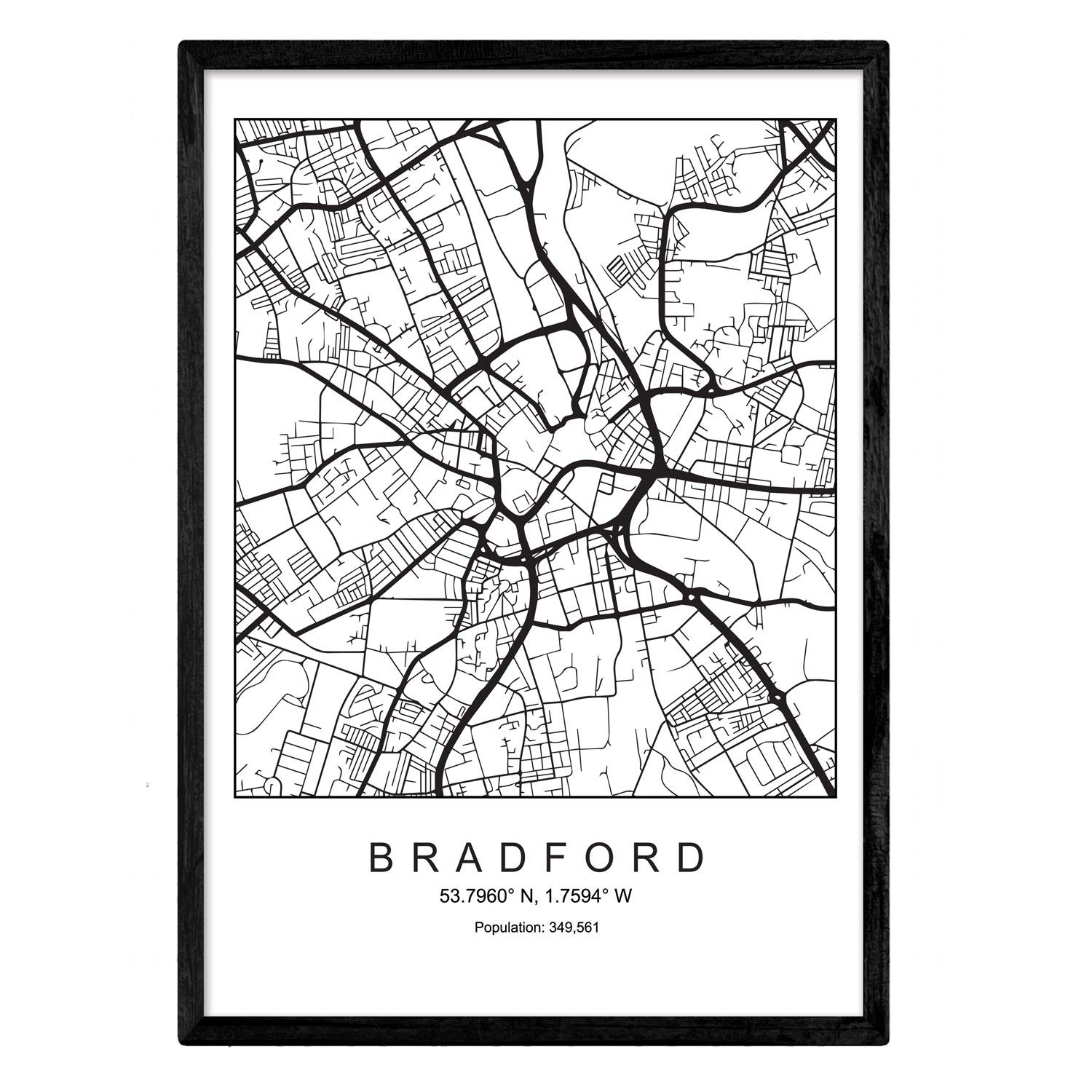 Nacnic Print city map Bradford Scandinavian style in black and white. A3 size poster Printed paper No 250 gr. Paintings, prints and posters for living room and bedroom
