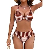 Blooming Jelly Womens Sexy Bikini Set Mid Rise Striped Crinkle Side Tie Two Piece Swimsuit High Cut Cheeky Bathing Suit