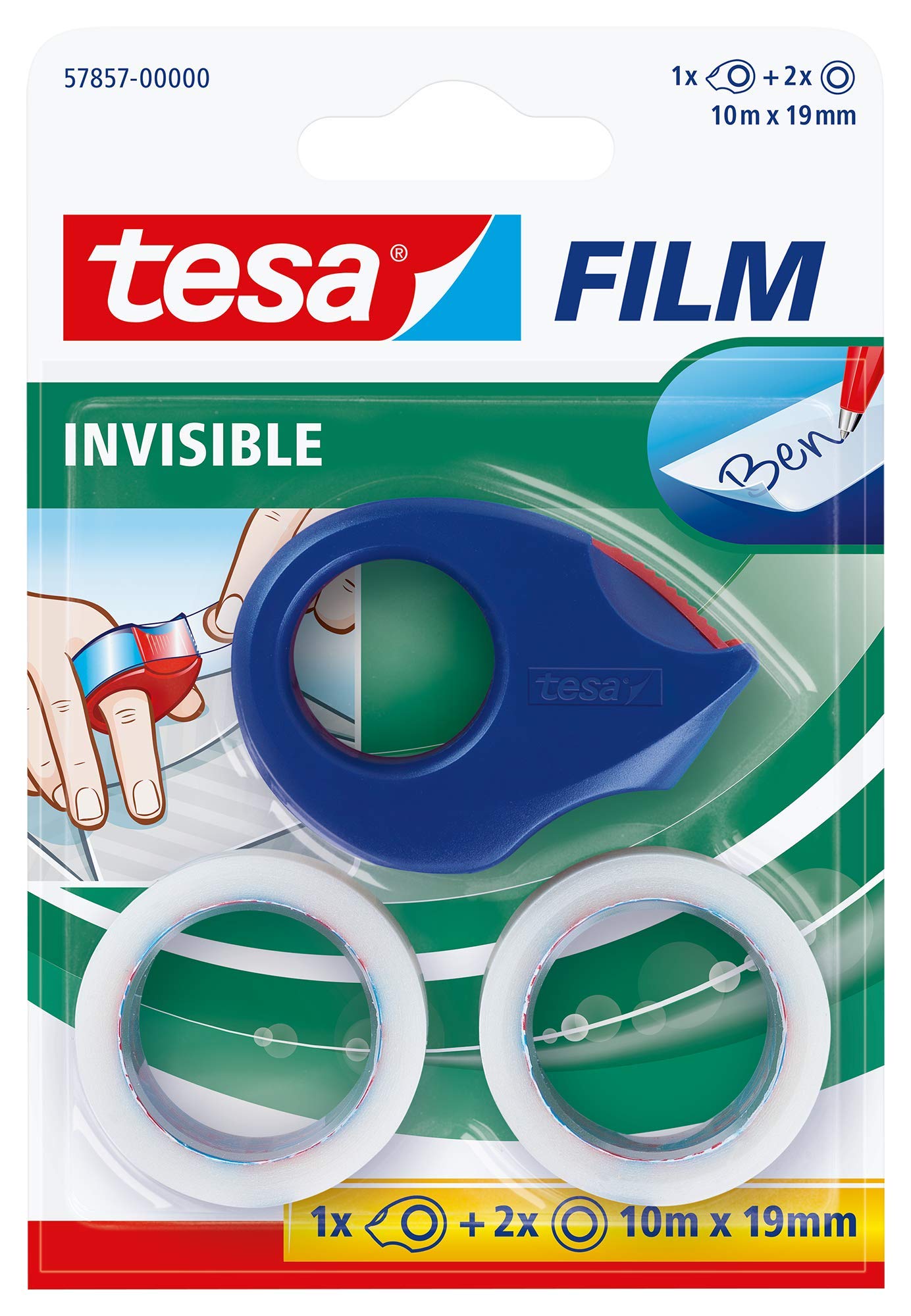 tesa Film Invisible 2 Rolls + Mini Dispenser, Red/Blue, Blister Pack
