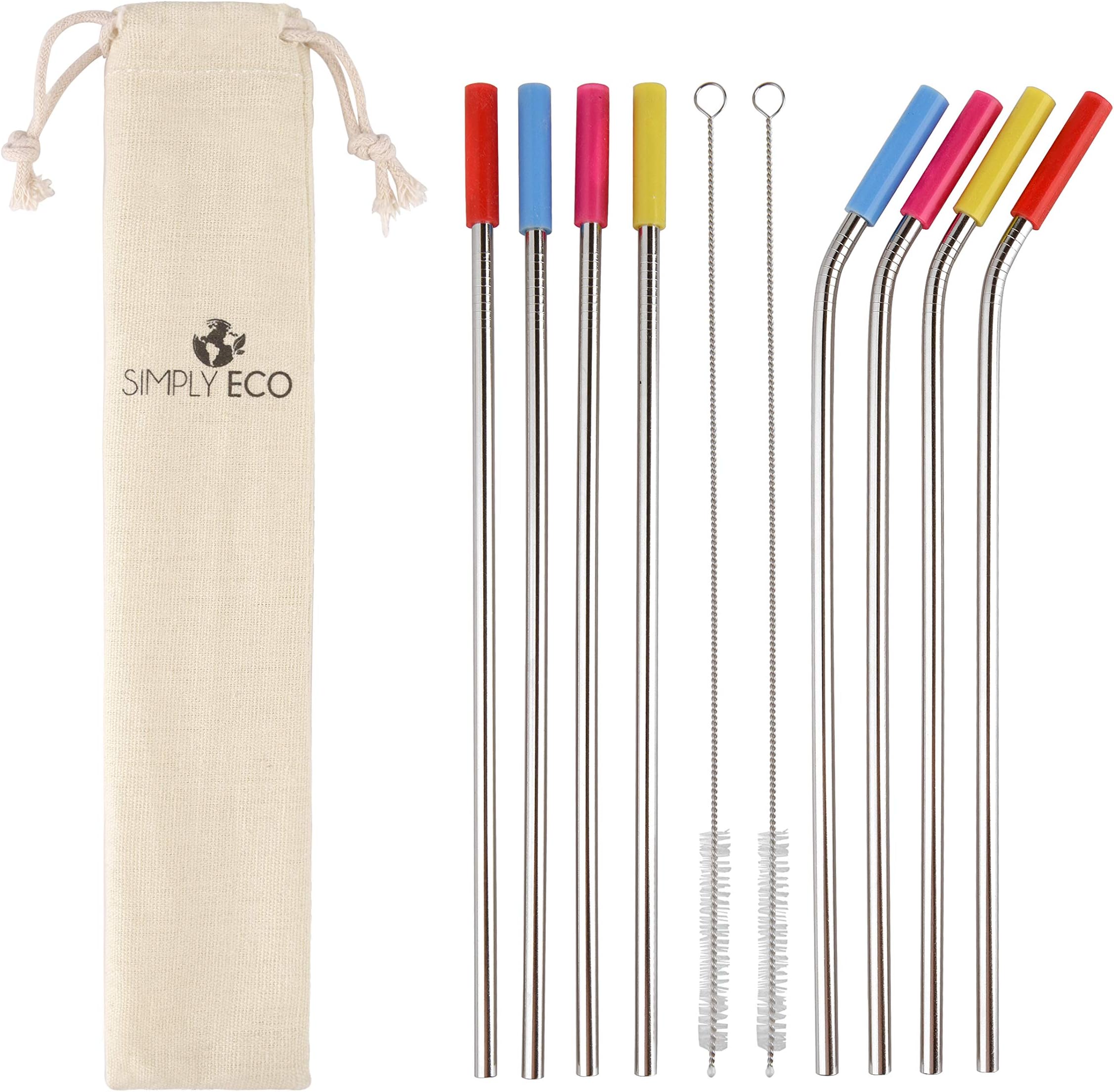 8 pack Reusable drinking metal straws, 10.5" Stainless steel straws with silicon tips. Fit 30 oz & 20 oz Tumblers. Cleaning brush included.