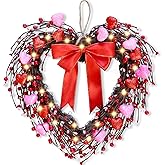 Valentines Decor - 17 Inch Valentines Day Wreath, Lighted Heart Shaped Wreath with Bow, Pink & Red Hearts, Berries for Front Door Home Indoor Outside Windows Wall Party Festival Decor