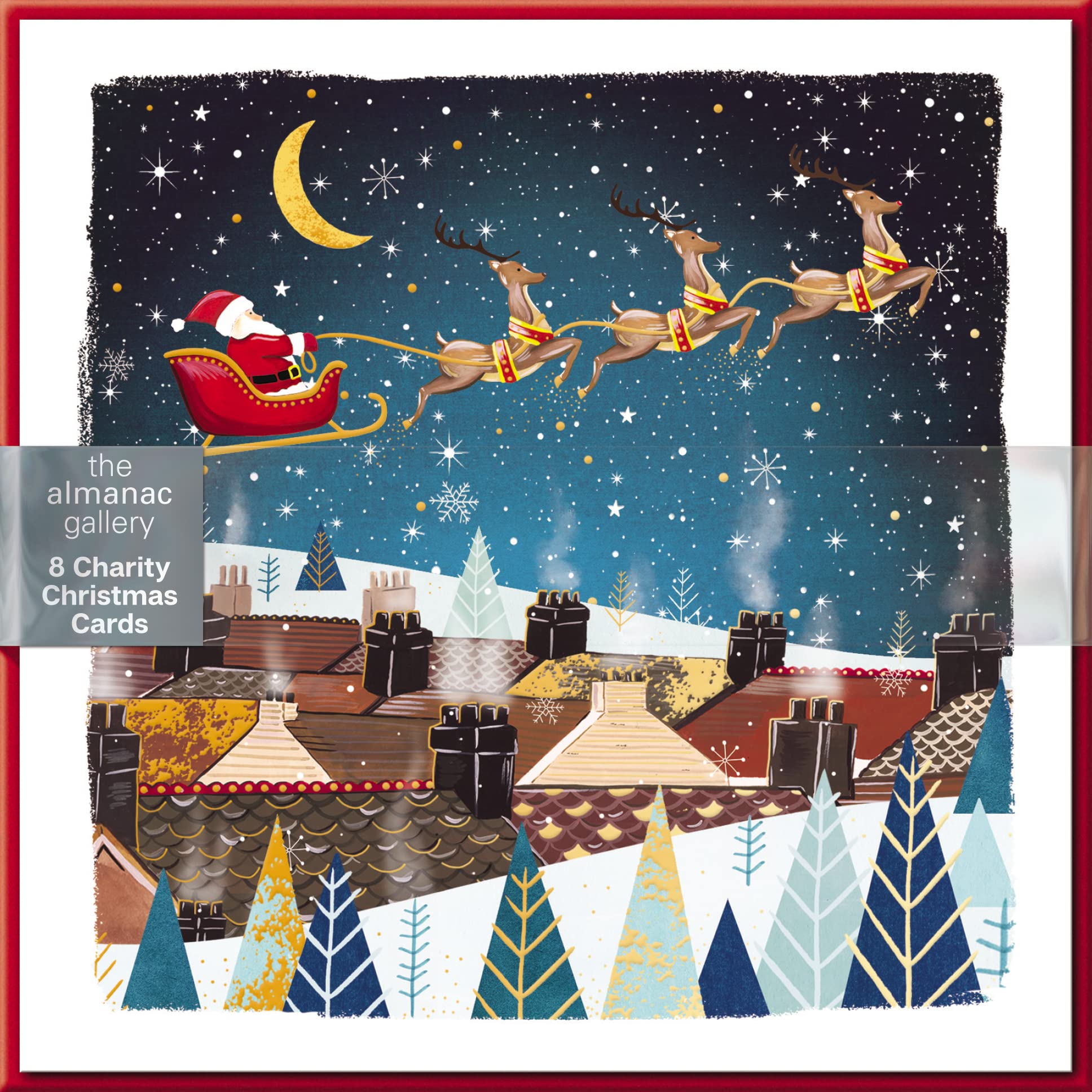 Pack of 8 Santa Flying Over Rooftops Charity Christmas Cards Multiple Charities ALCX9970