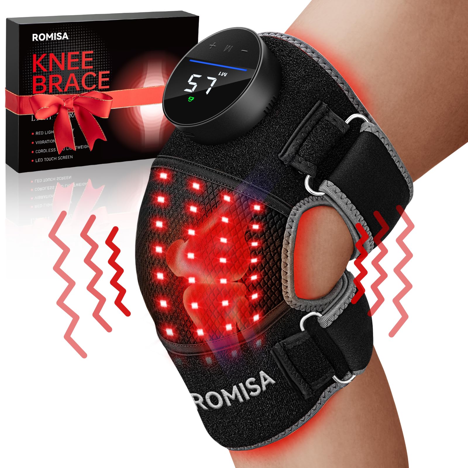 Photo 1 of ROMISA Red Light Therapy Knee Brace Vibration Knee Massage for Pain Relief, 660nm&850nm Rechargeable Near Infrared Light Therapy Device for Knee/Elbow/Shoulder Faster Recovery for Cordless Use