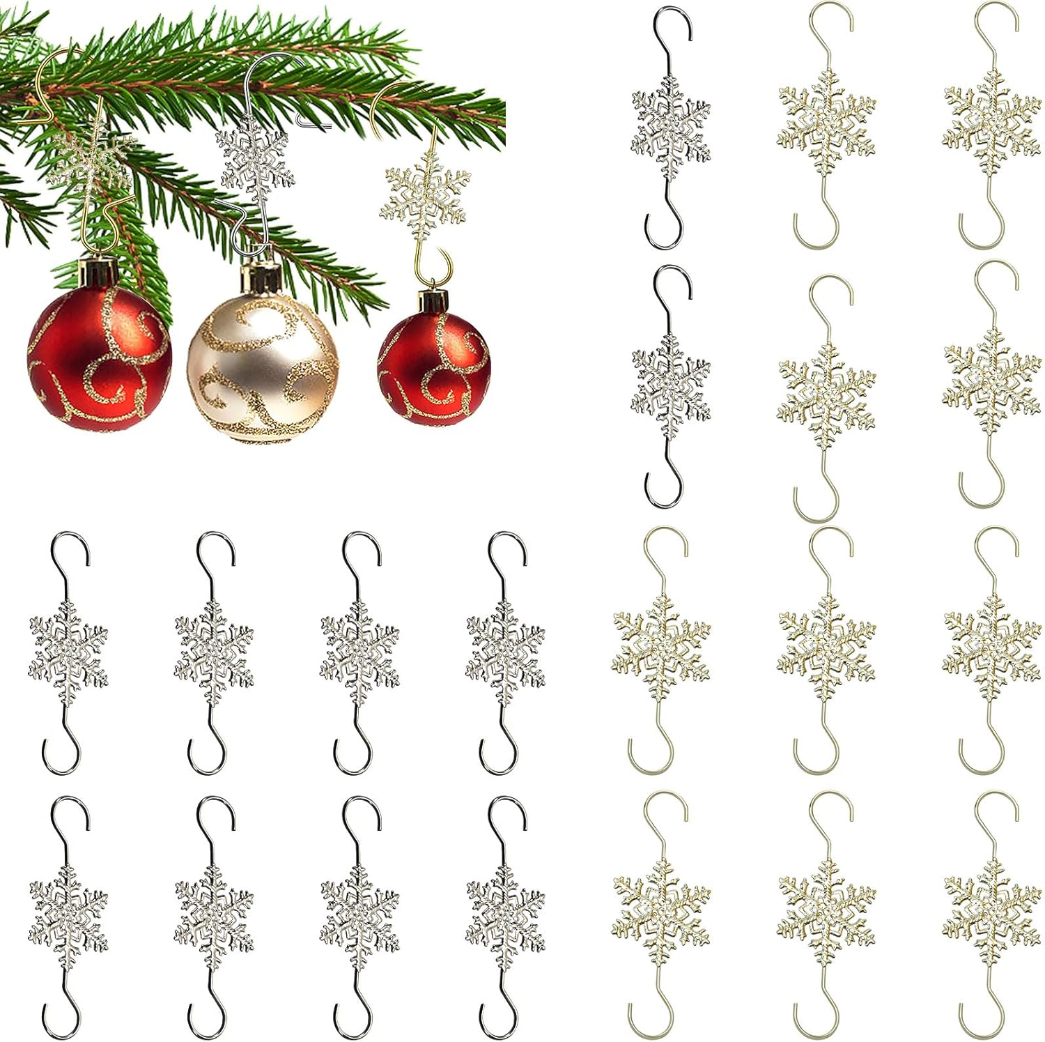 Ornament Hooks - AUOCATTAIL 20 Pcs Snowflake Christmas Ornament Hooks Gold Silver Christmas Snowflakes S Hook Wire Coat Hanger Decorate for Xmas Winter Party Supplies 2.67 inch