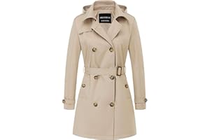 CREATMO US Women's Trench Coat Double-Breasted Classic Lapel Overcoat Belted Slim Outerwear Coat with Detachable Hood