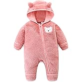 Newborn Baby Fleece Jumpsuit Unisex Infant Bear Hooded Onesie with Mitten Cuffs Winter Warm Snowsuit Outfit