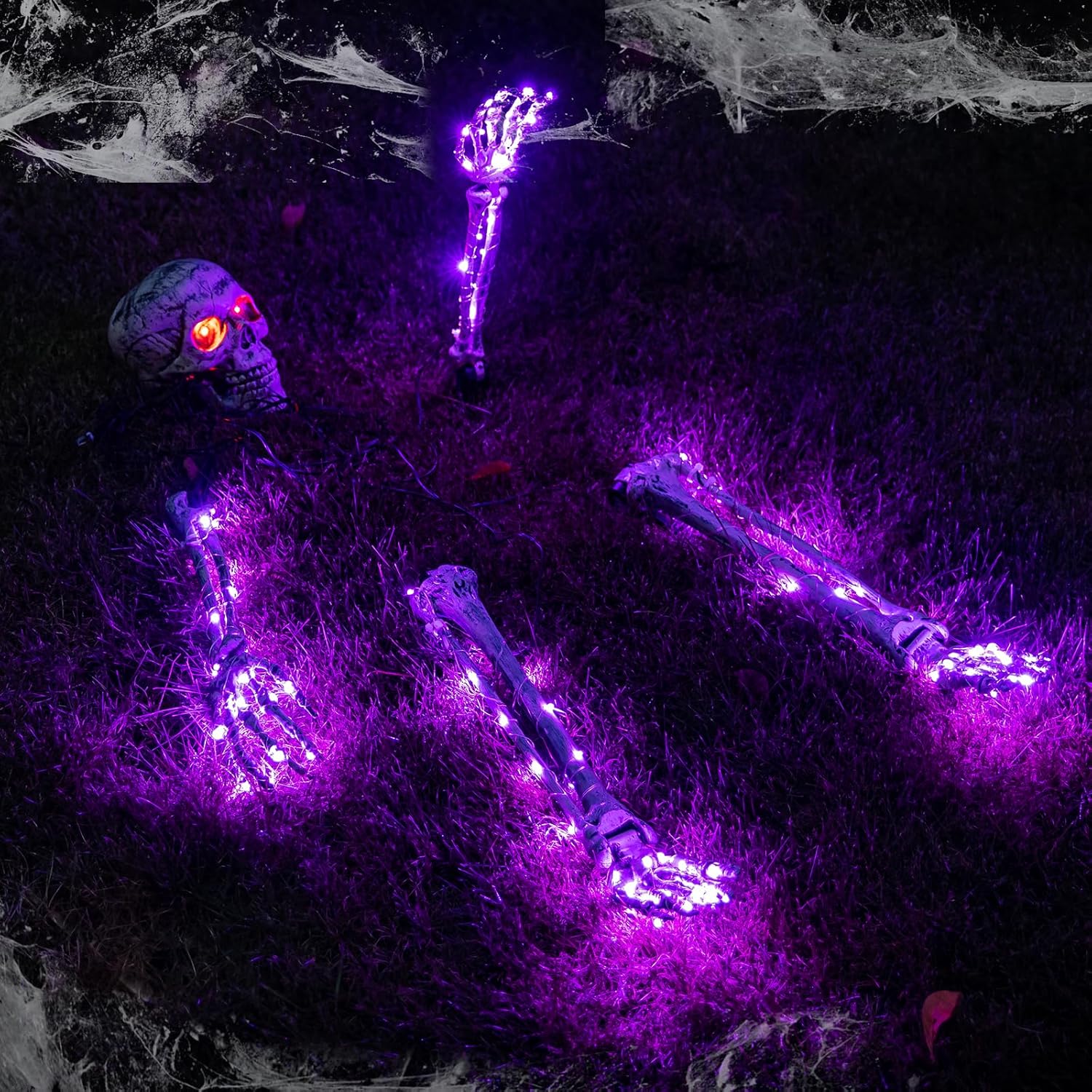 Decorative Garden Stakes - Halloween Decoration Outdoor, Skeleton Skull 5 Piece Set 128 LEDs 8 Modes Transformersf Operated Lights with Remote Control for Halloween Party Porch Fireplace Decor(Purple)