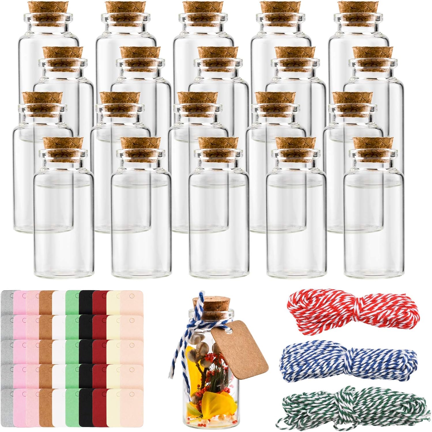 Dmyond 20pcs Mini Glass Jars Bottles with Cork, Decorative Wish Bottles with 50pcs Tags and 30M Twine, Small Glass Bottles, Clear Vials Glass Favor Jars for Wedding Favors Birthday Home Decorations: Home Improvement