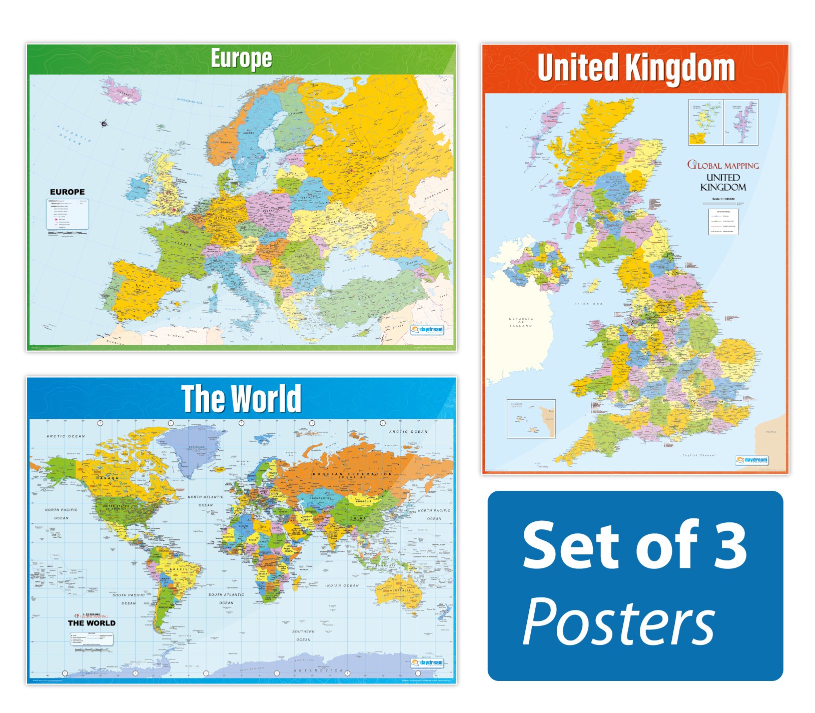 Map Posters - Set of 3 | Geography Posters | Gloss Paper measuring 850mm x 594mm (A1) | Geography Classroom Posters | Education Charts by Daydream Education