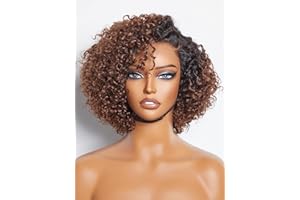 LUVME HAIR 8 Inch Kinky Curly Ombre Brown Bob Wig Human Hair Pre Cut Glueless HD Lace Closure Wig, Natural Black with Brown Side Parted Short Curly Wigs For Women