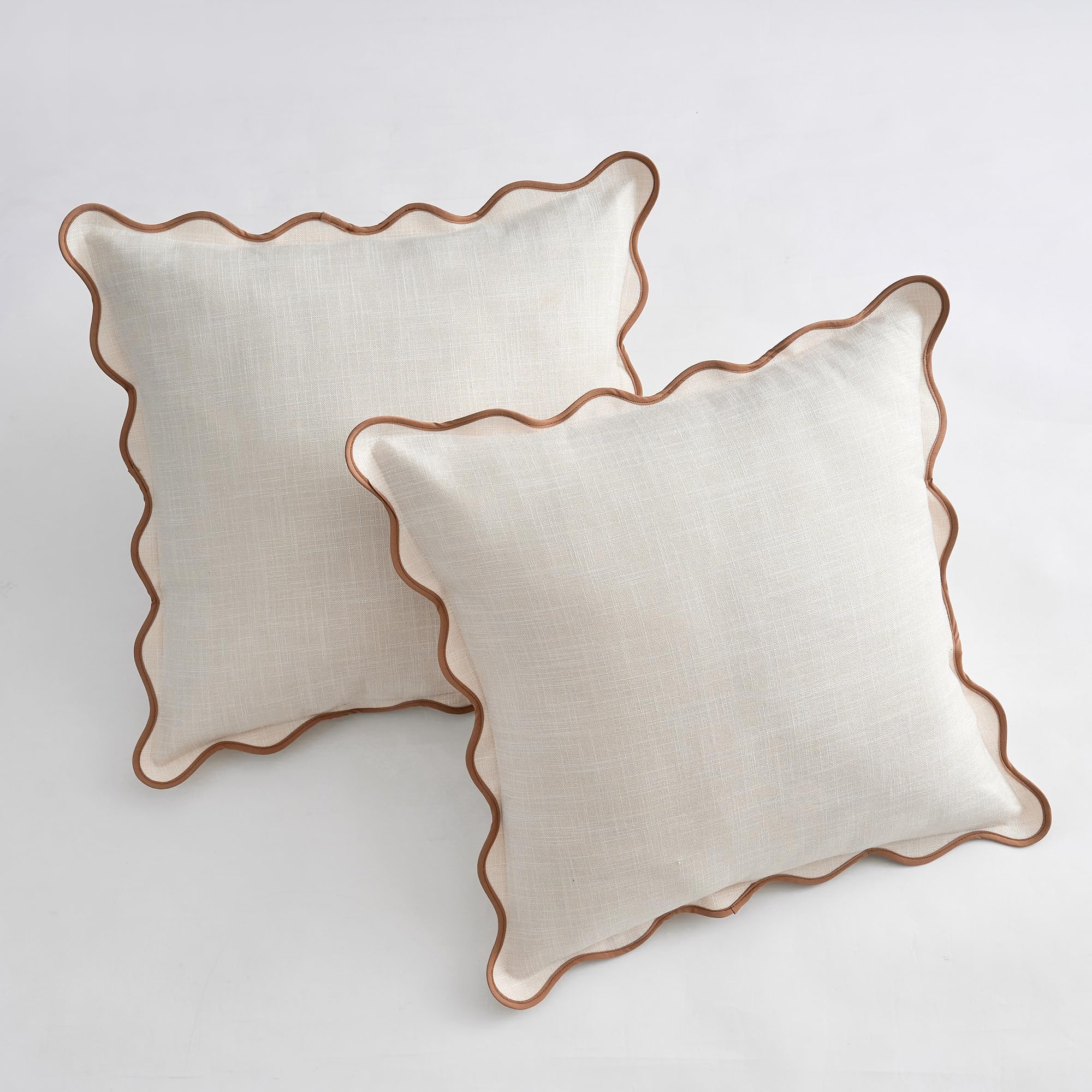 Photo 1 of Zkanac Scalloped Throw Pillow Covers 20x20 Inch Set of 2, Cotton & Linen, Boho Sytle Decorative Couch Bed for Living Room (Beige Pillow & Brown Edge)