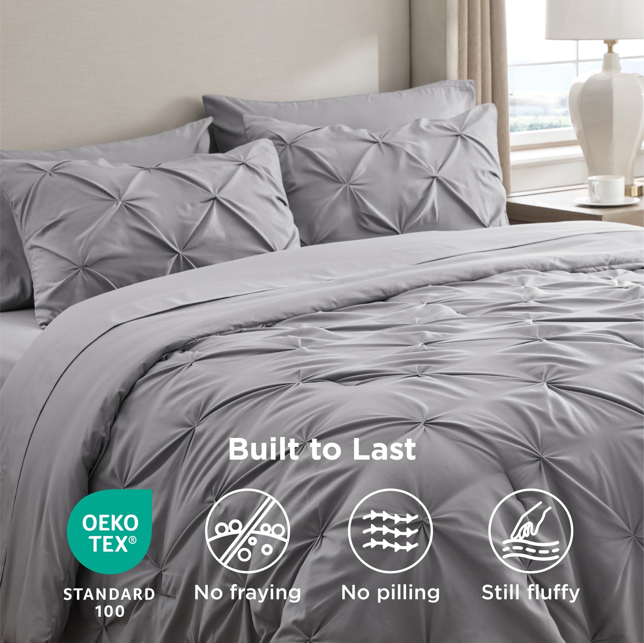 Bedsure King Size Comforter Set - Bedding Sets King 7 Pieces, Pintuck Bed in a Bag Grey Bed Set with Comforter, Sheets, Pillowcases & Shams