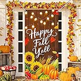 BlissYard Happy Fall Y’all Door Cover Thanksgiving Backdrop Pumpkin Sunflower Corn 71x35 Inch Autumn Banner for Porch Wall Decorations Rustic Fall Party Photo Booth Props