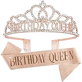 CAVETEE Rose Gold Birthday Crowns & Sash - Queen Tiara for Party Decorations