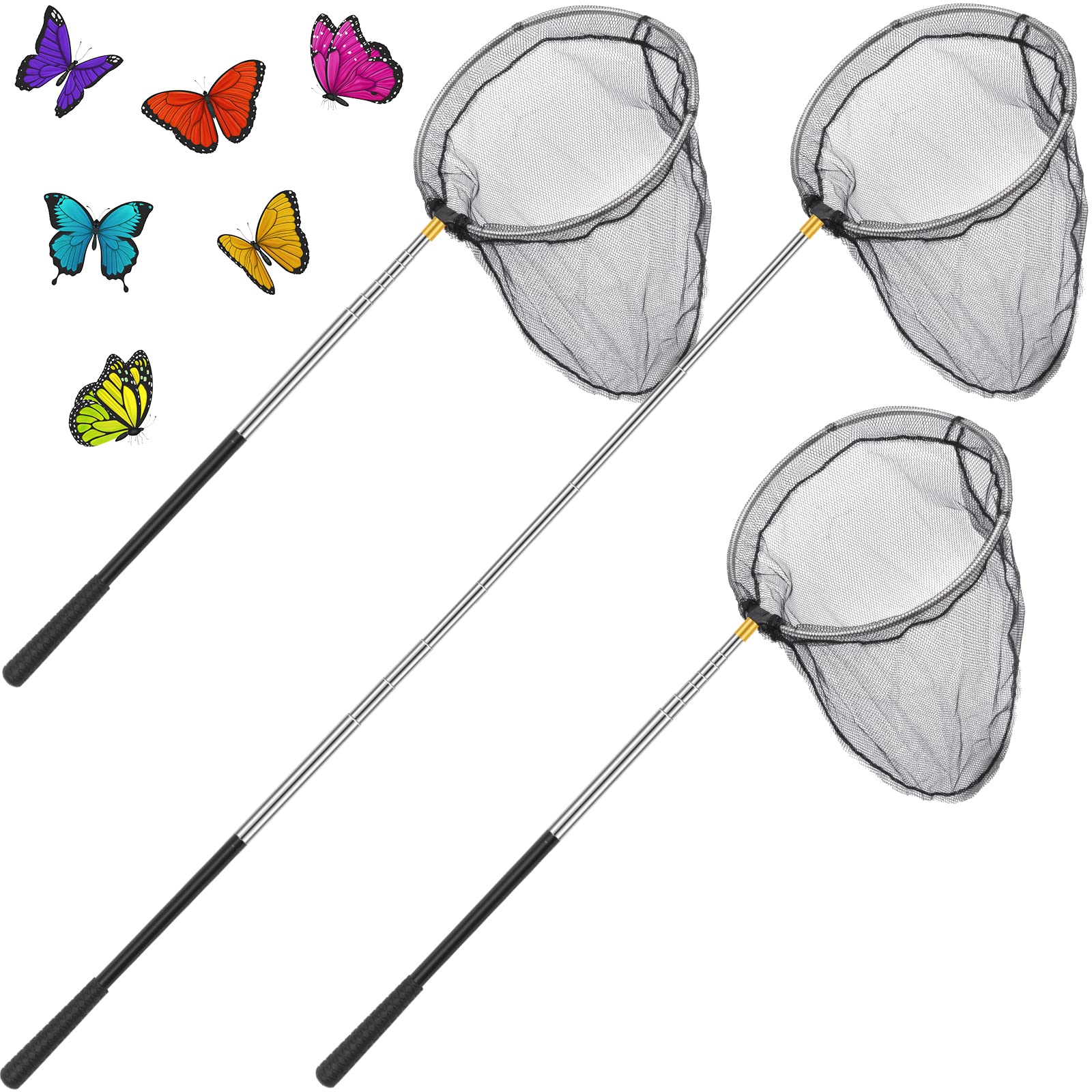 Photo 1 of 3 Pcs Extra Long Butterfly Net Insect Net Fishing Net with 16.5"-59.1" Inch Stainless Steel Telescopic Handle 23.6" Net Depth 13.7 Net Width, Extendable Bug Net for Family Catching Insect Fish