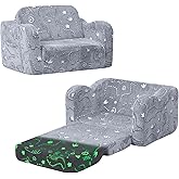 MeMoreCool Kids Dinosaur Couch – Foldable Toddler Chair, Glow-in-The-Dark Flip-Out Sofa, Convertible Lounge Seat for Boys Ages 1–3, Plush Fold-Out Kids Lounger with Washable Cover (Gray)