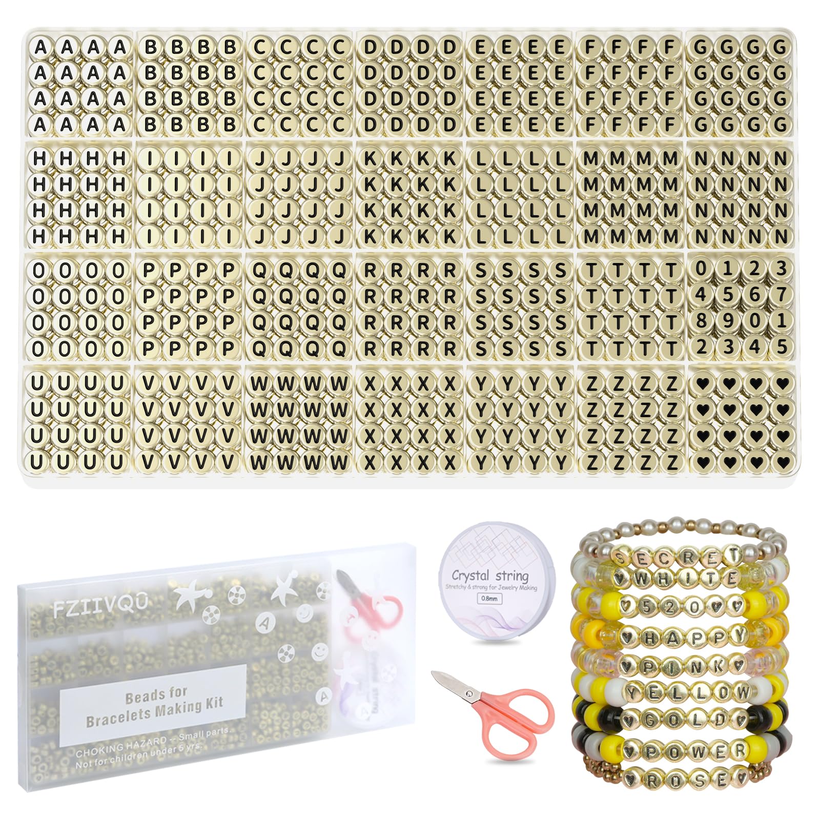 FZIIVQU 1450 Pieces Letter Beads Kit, 4x7 mm Golden Acrylic Alphabet Letter Beads for Jewelry Making Number Heart Bead Friendship Bracelet Making