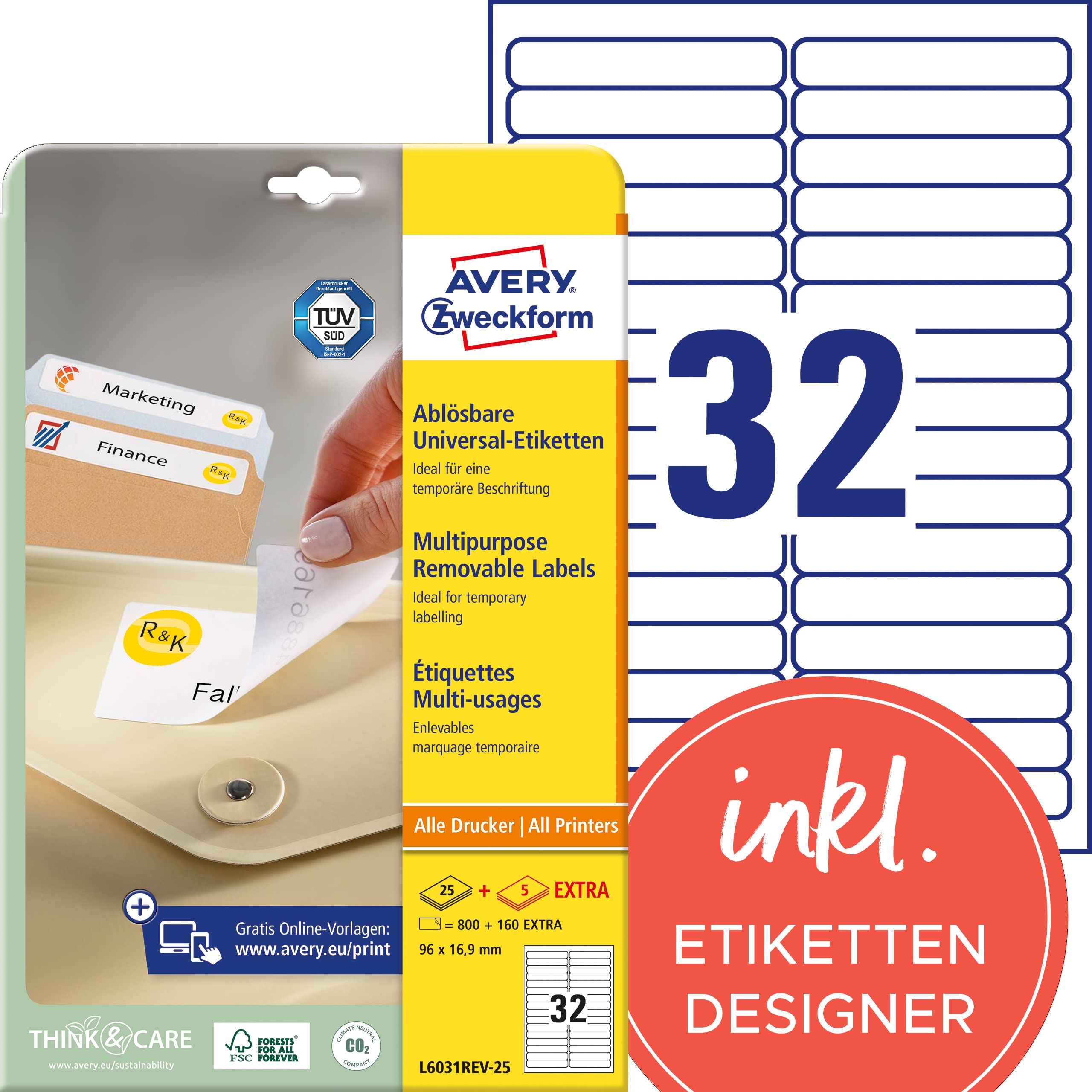 Avery Zweckform L6031REV-25 Removable Shelf Labels 96 x 16.9 mm 25 Sheets