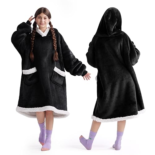Bedsure Blanket Hoodie, Wearable Blanket for Adult Kids as Gifts for  Women Men, Birthday Gifts for Women Mom Sherpa Hoodie, Black, Kids in Saudi 