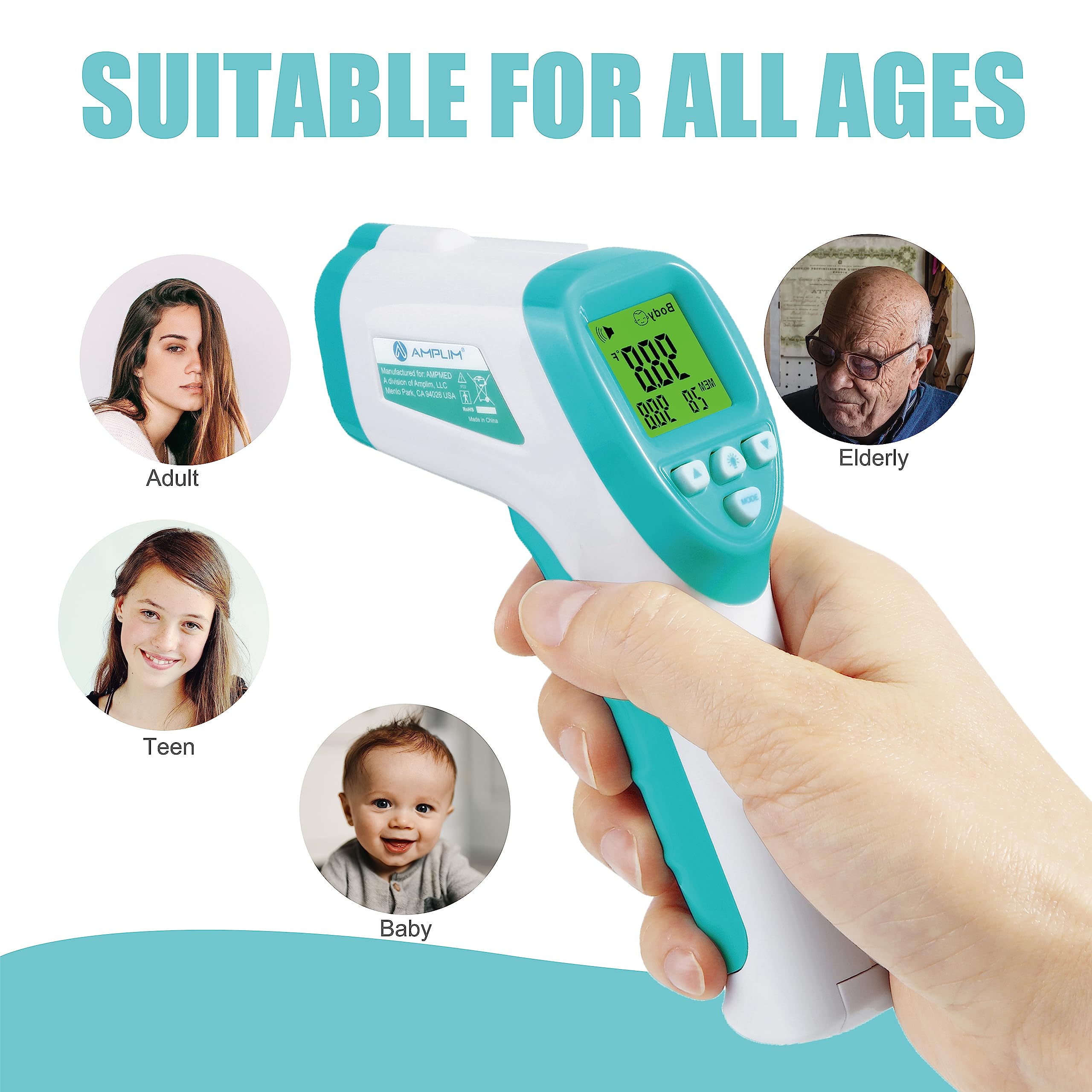 Amplim Forehead Thermometer for Adults, Kids, and Infants: No-Touch Digital Baby Thermometer, Temporal Touchless Medical Grade Newborn Thermometer, Registry Must Have for Body Fever Temperatures, Blue