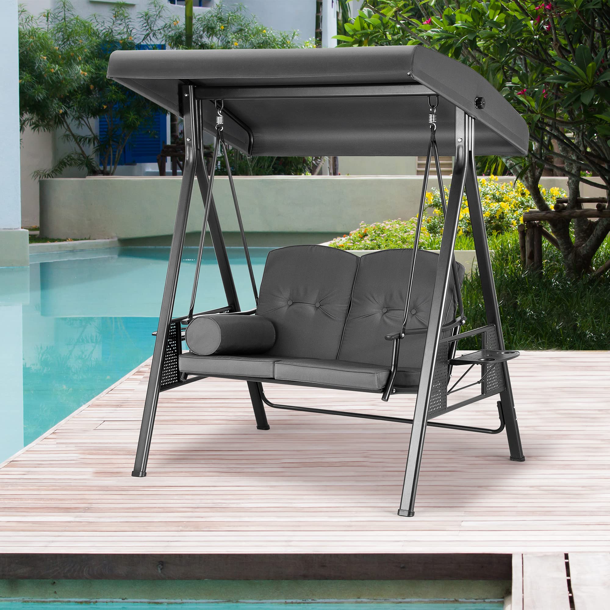 Photo 1 of **PARTIAL SET BOX 1 OF 2 ** Pamapic 2-Seat Porch Swing with All-Weather Steel Frame, Adjustable Swing Chair with Canopy, Removable Cushion and Pillow Hammock with Stand for Outside, Backyard, Porch, Poolside, Balcony (Grey)