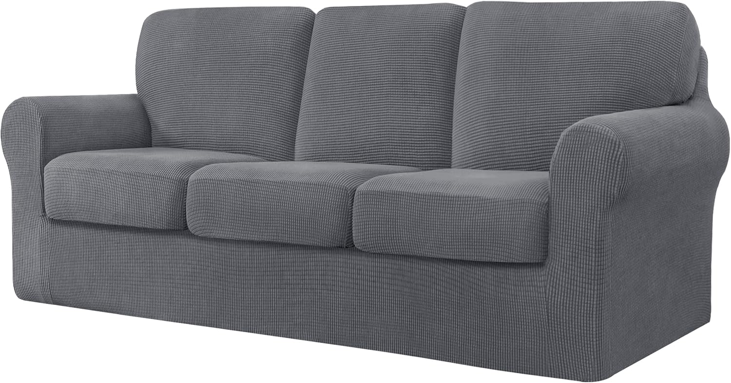 Slipcovers - CHUN YI 7 Piece Stretch Sofa Covers for 3 Cushion Couch Covers, 3 Seater Couch Slipcover with 3 Separate Backrests and Cushions with Elastic Band, Checks Spandex Jacquard Fabric(Large, Light Gray)