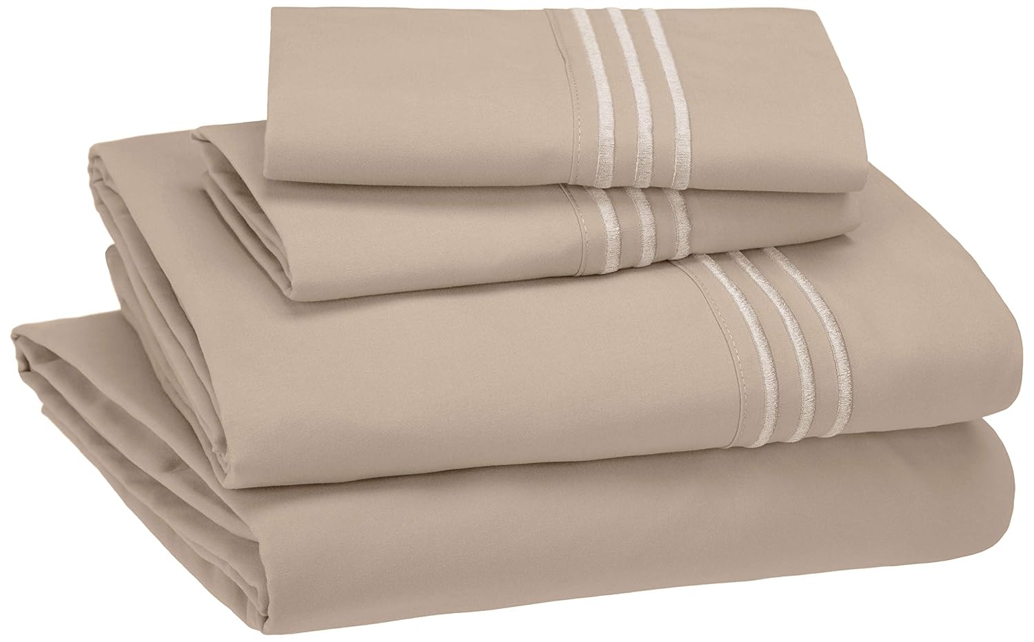 AmazonBasics Embroidered Hotel Stitch Sheet Set - Premium, Soft, Easy-Wash Microfiber - Queen, Taupe