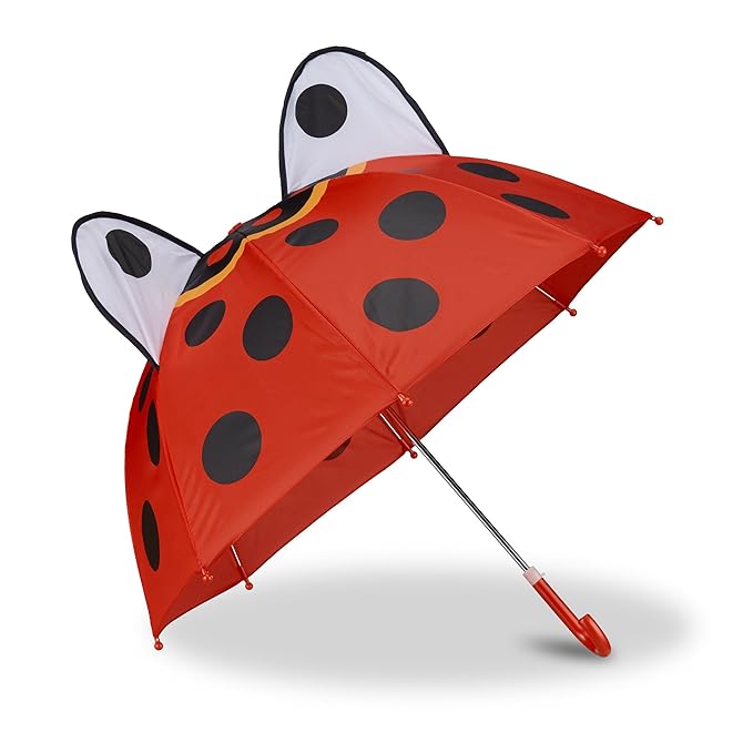 Relaxdays Kinderregenschirm mit 3D Marienkäfer, Regenschirm für Mädchen und Jungen, Stockschirm mit Punkten, rot