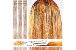 CELINEBELLA Hair Tinsel Clip in,Laser Orange,Copper Gold, 24 Inch Pack of 6Pcs,80 Strands Each,Unique Shimmer for Hair Styling​