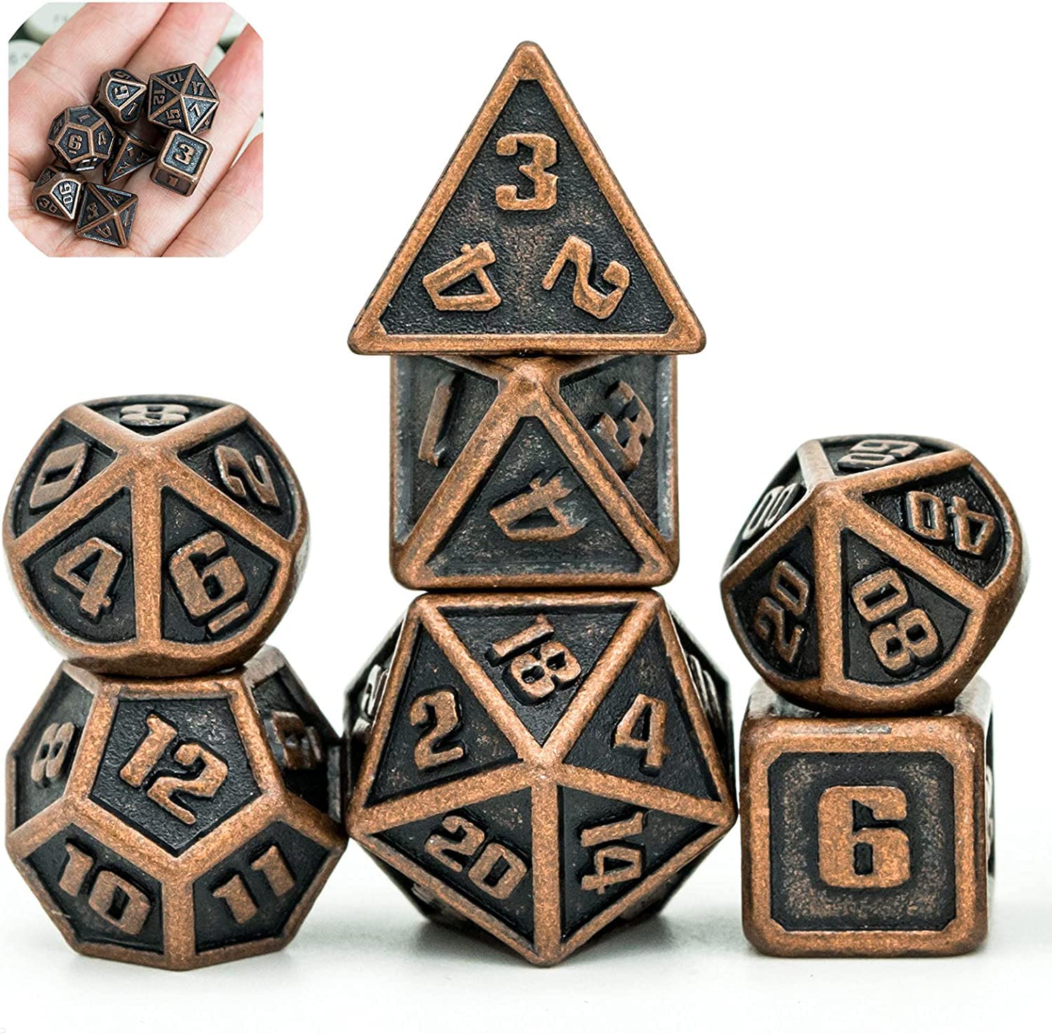Cusdie Mini Metal Dice 10MM, 7 PCs Metallic DND Dice Set, Mini Polyhedral Dice Set, for Role Playing Game D&D Dice (Red Copper) — image 1