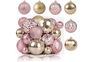 OUDDY PARTY 36PCS Christmas Ball Ornaments Shatterproof Champagne Rose Gold Christmas Ornaments Bulk Plastic Hanging Christmas Tree Decorations Delicate Glitter Set for Xmas Party Home Holiday Decor in 8 Styles