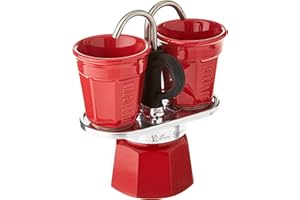 Bialetti - Mini Express Color: Moka Set includes Coffee Maker 2-Cup (2.8 Oz) + 2 shot glasses, Red, Aluminium