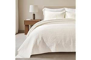 EVERGRACEHOME Cotton Sateen Quilt Set King Size, Pre-Washed Cotton Channel Stitch Coverlet Bedspread, 3 Pieces Lightweight Soft Bedding Sets for All Season, with 2 Pillow Shams, Cream