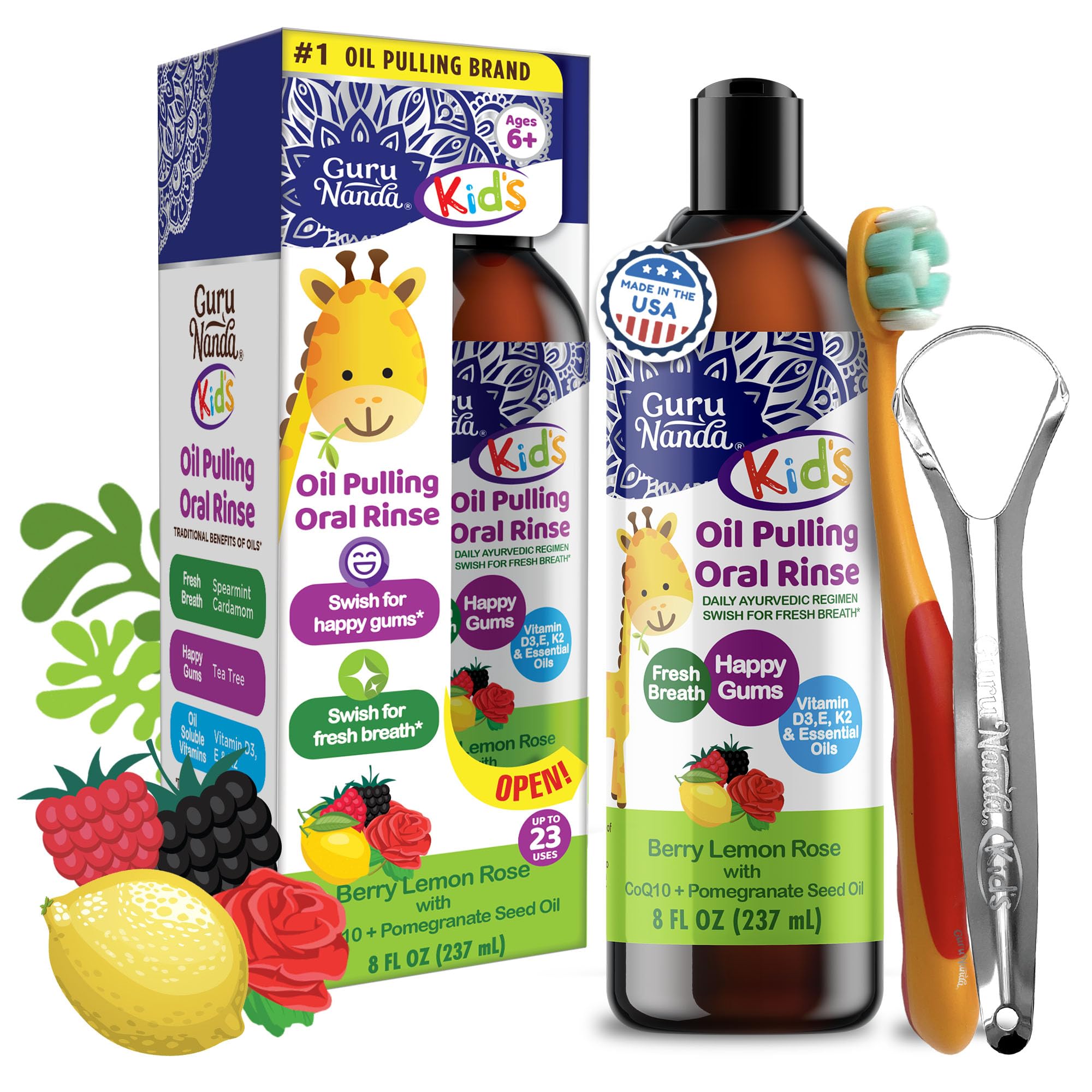 Photo 1 of *3/9/2027* GuruNanda Kids Oil Pulling, Alcohol-Free Mouthwash, Essential Oils & Vitamins for Fresh Breath & Happy Gums for Ages 6 & up, Natural Berry Lemon Rose, 8 Oz