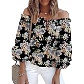 BLENCOT Summer Sexy Off Shoulder Tops for Women Boho Ruffle Sleeve Floral Chiffon Shirts Blouses