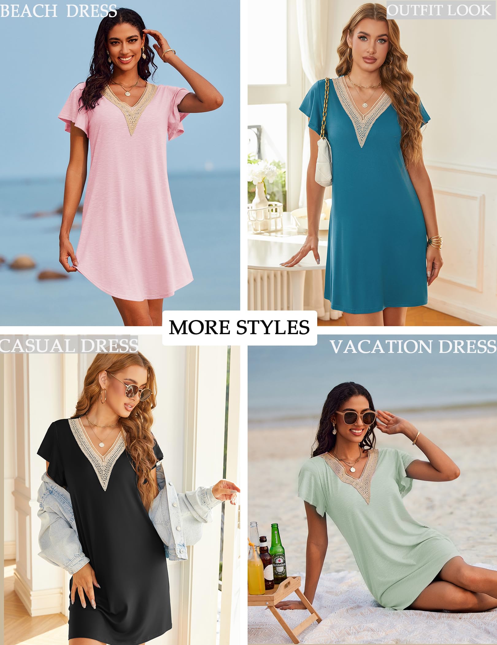 Ekouaer Nightgowns for Women Flare Short Sleeve Sleepshirt Guipure Lace V Neck Sleepwear Soft Pj Dress Night Shirt Army Green M