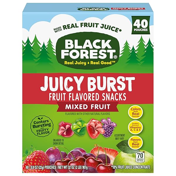 BLACK FOREST, JUICY BURST, FRUIT FLAVORED SNACKS, MIXED FRUIT FLAVORS, A JUICY BURST OF NATURAL FLAVORS, MADE WITH REAL FRUIT JUICE, 0.8 OZ 40 CT