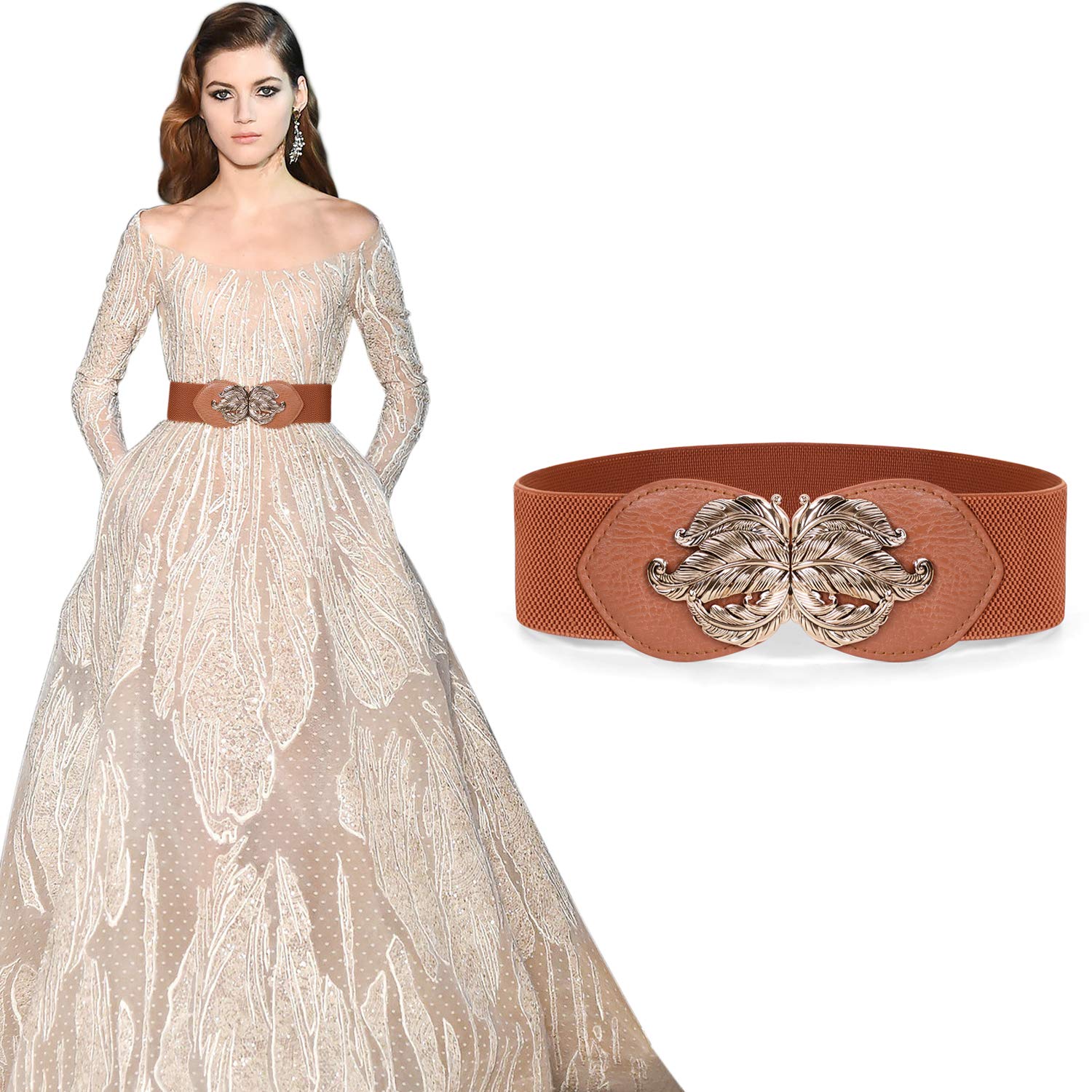 JasGood Damen Mode Breit Elastische Gürtel - Vintage Taillengürtel mit Gold Blatt Schnalle, Braun, Taille Größe 70cm-80cm