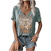 Rock Band T-Shirt for Women V-Neck Country Music Short Sleeved Shirt Retro Nashville Guitar Graphic Hollowed Tee Tops