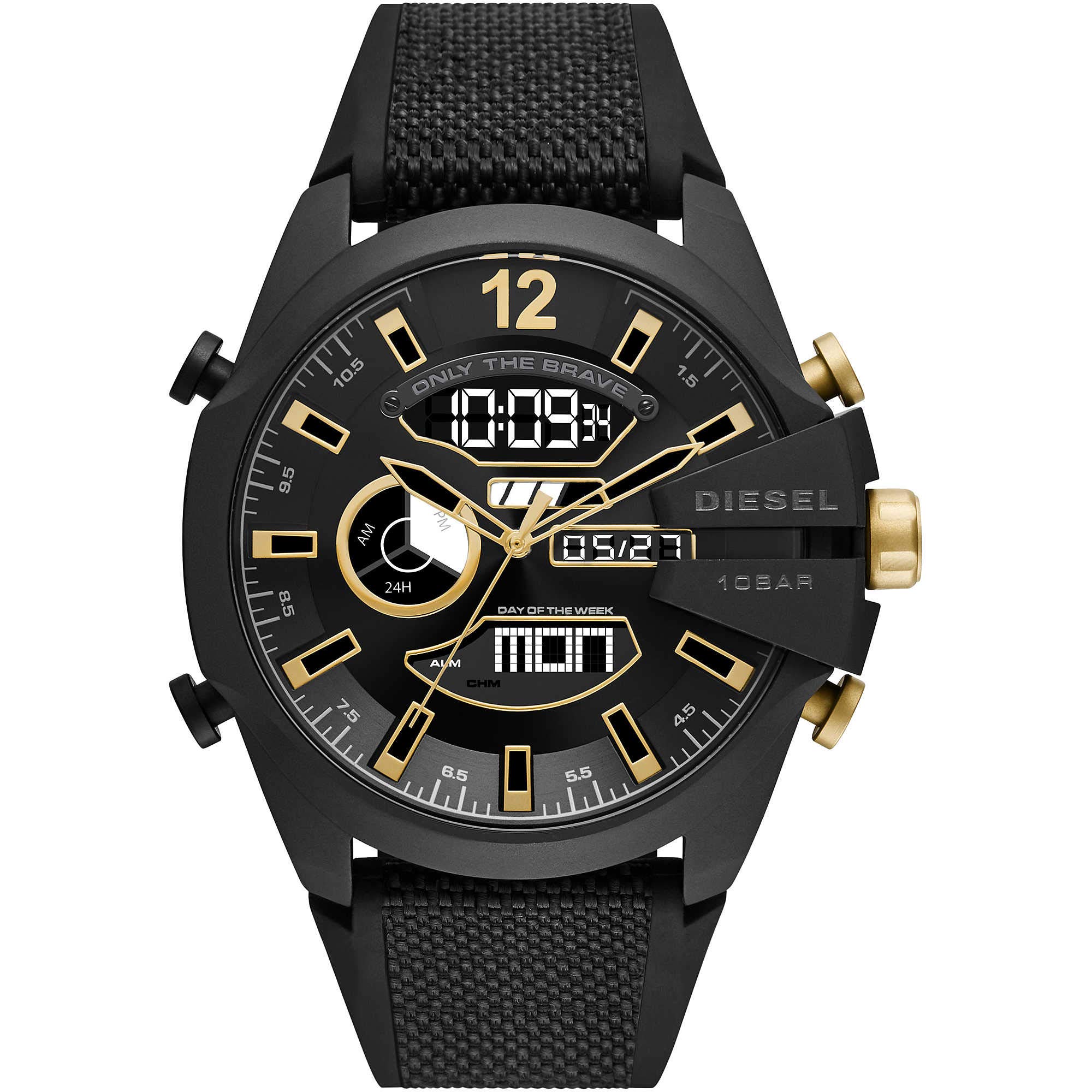 Diesel Watch for Men Mega Chief, Ana-Digi Movement, 51 mm Black Stainless Steel Case with a Mixed Strap, DZ4552