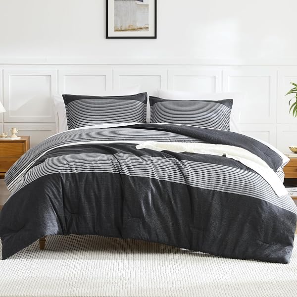 LITANIKA FULL COMFORTER SET BLACK – 3 PIECES STRIPE BEDDING COMFORTER SETS