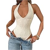 SOLY HUX Women's Lace Bodysuit Sexy Halter Deep V Neck Sleeveless Backless Bodysuits Tops