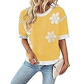 Floerns Women's Short Sleeve Crew Neck Flower Loose Knitted Sweaters Pullover Tops